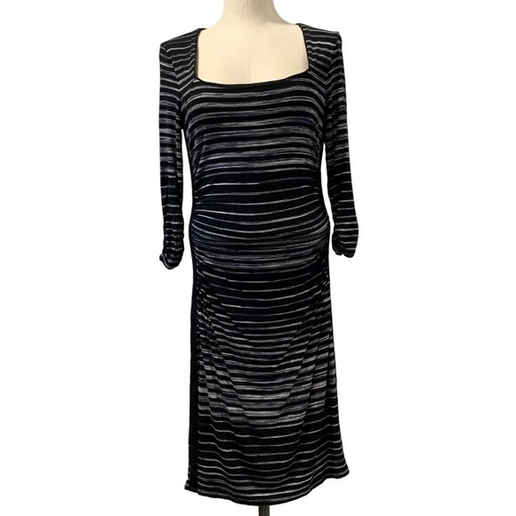 White House Black Market Dresses & Skirts - White House Black Market Striped Black Gray Ruched 3/4 Sleeve Dress Square Small